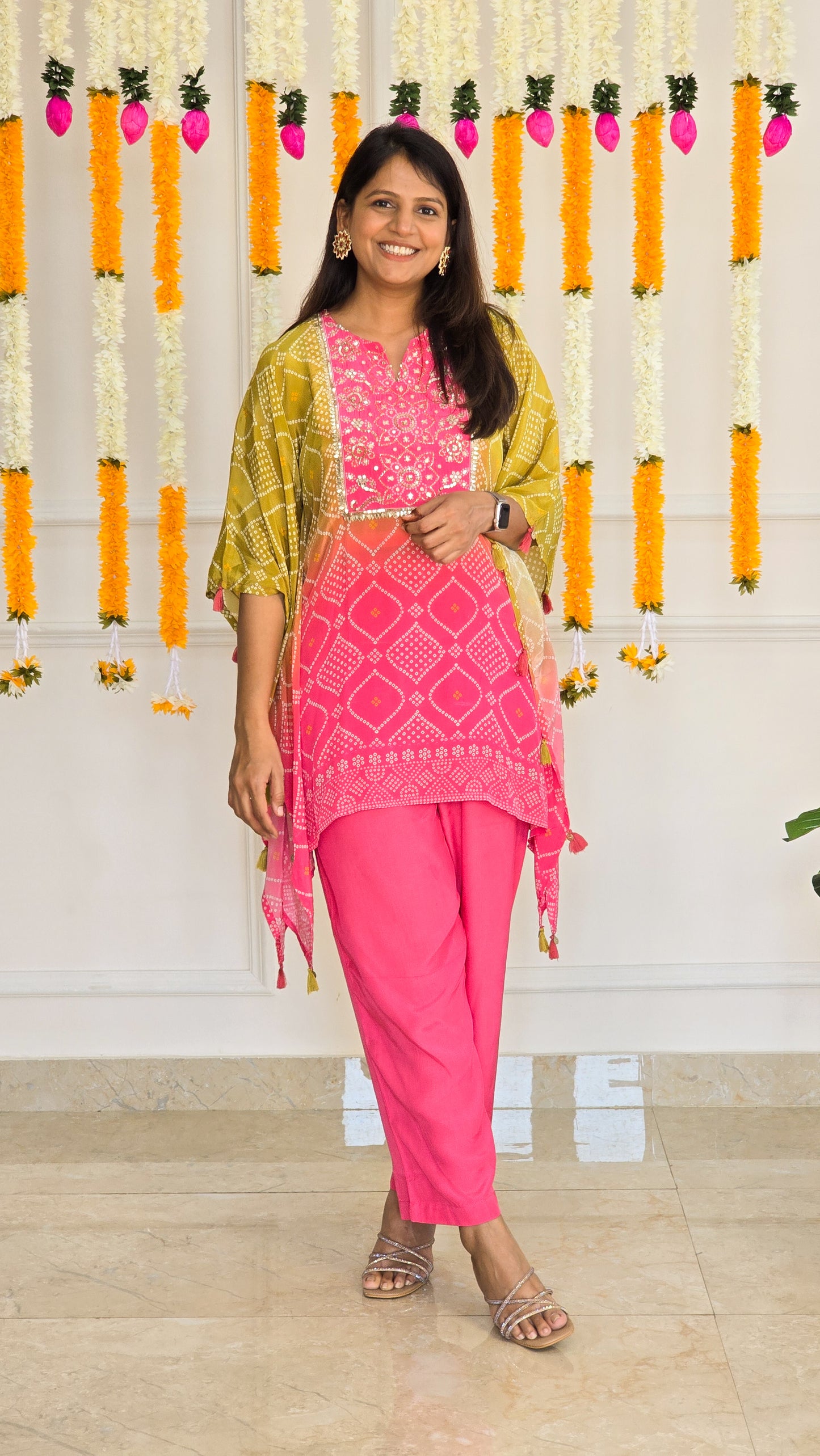 Ombre Bandhej Embellished Kaftan Set