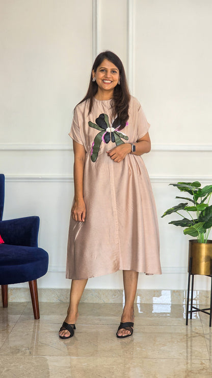 Beige Leather Applique Floral Tunic