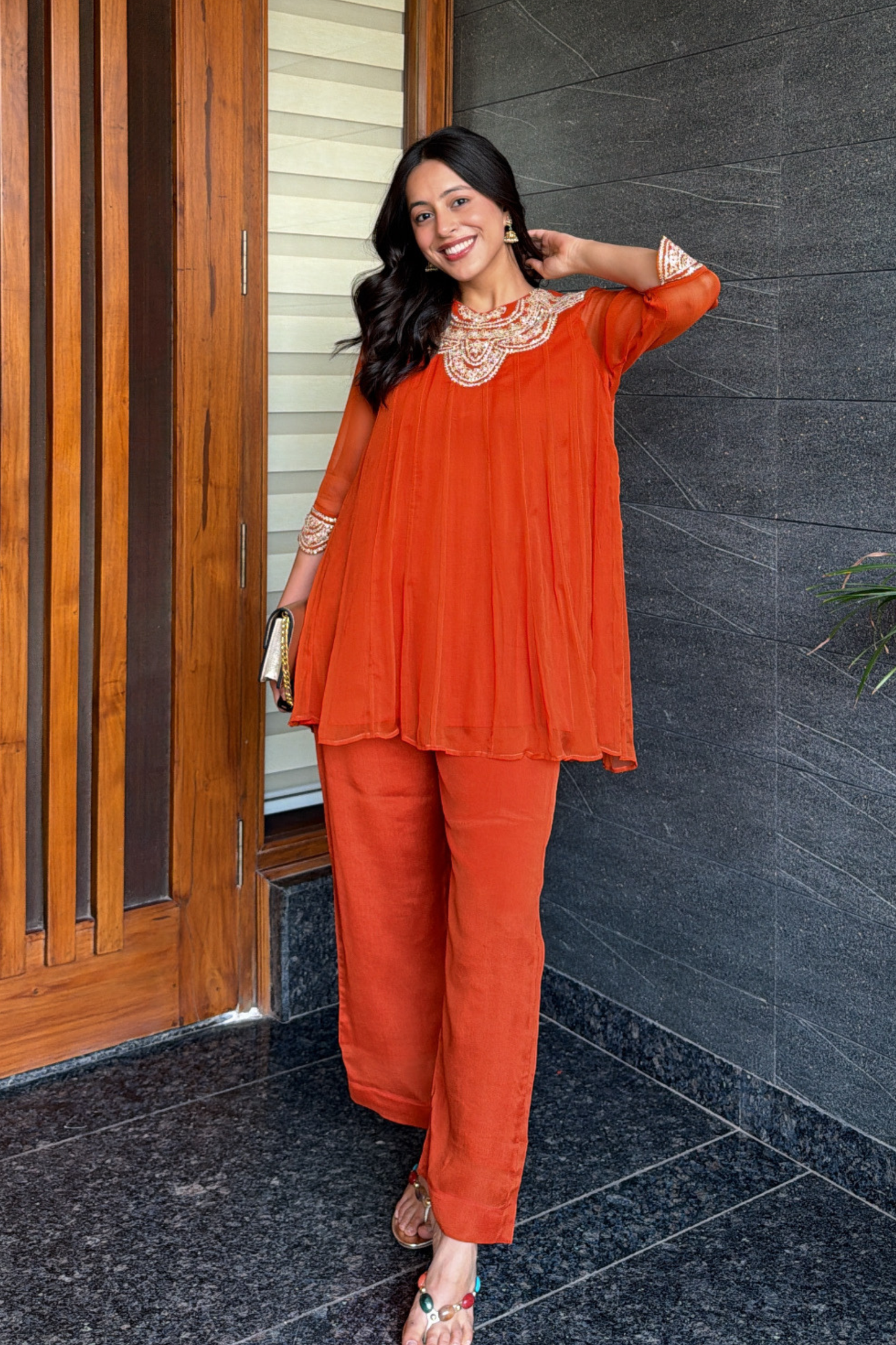 Tyohar ~ Rust Kali Top with Zardosi Work and Pallazo Set - PinkTree by Shrutika