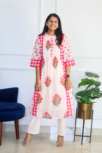 Pink Chequered Kurta Set