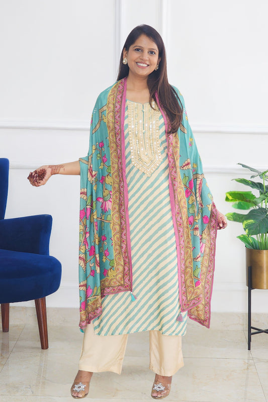 Turquoise Leheriya Suit With Pichwai Dupatta