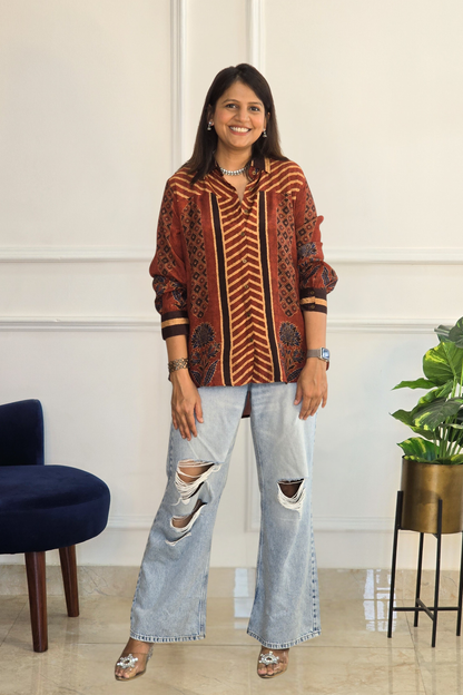 Rust Ajrakh Muslin Shirt - PinkTree by Shrutika