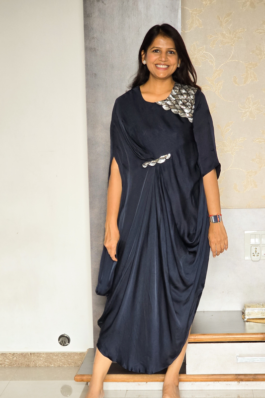 Dark Blue Embellished Drape Dress
