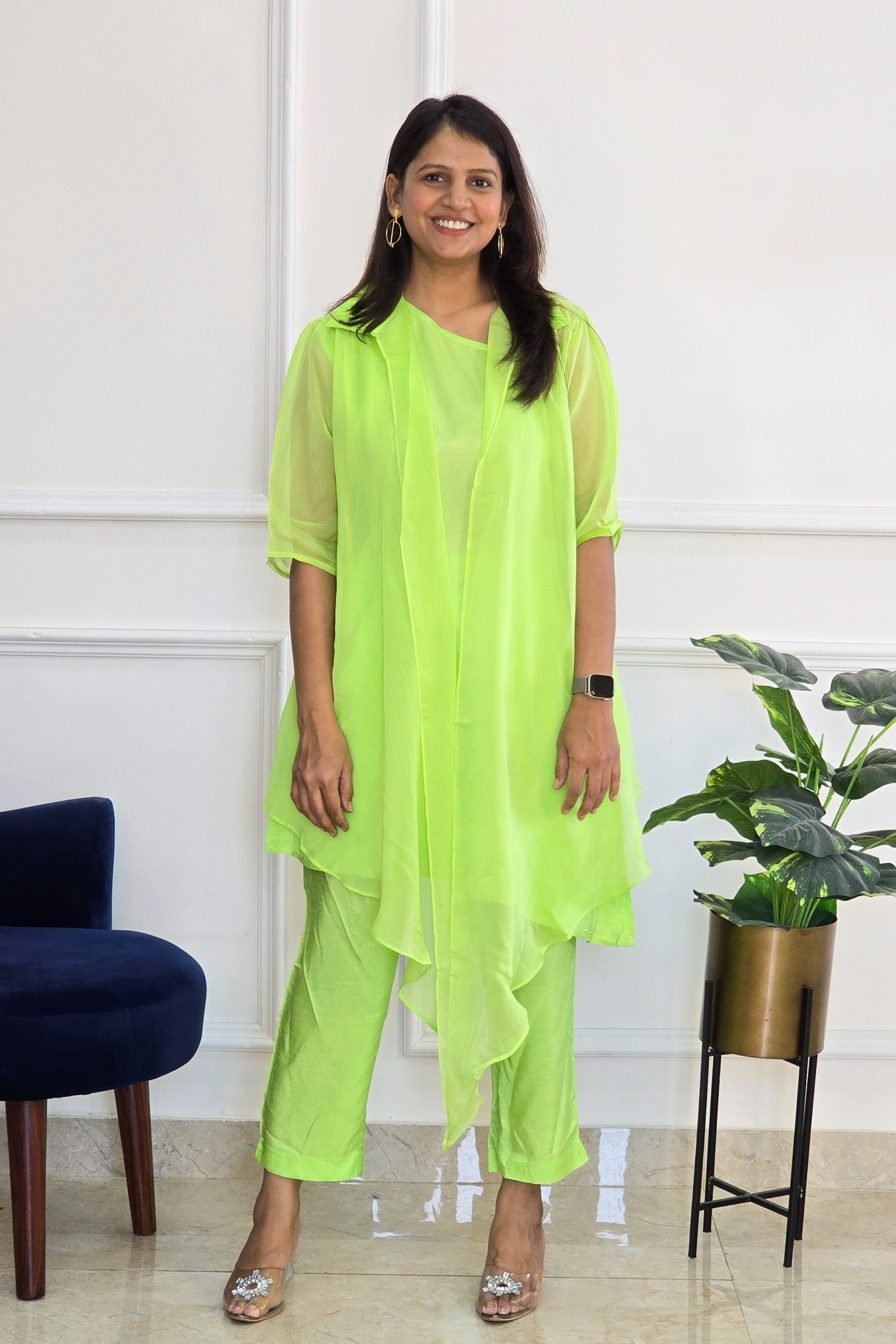 Neon Green Organza Jacket with One Shoulder Top and Pants - PinkTree by Shrutika