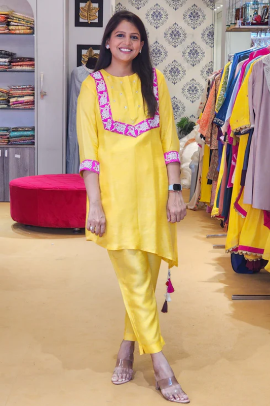 Sunshine Yellow Co Ord Set with Banarasi And Pearl Details - PinkTree by Shrutika