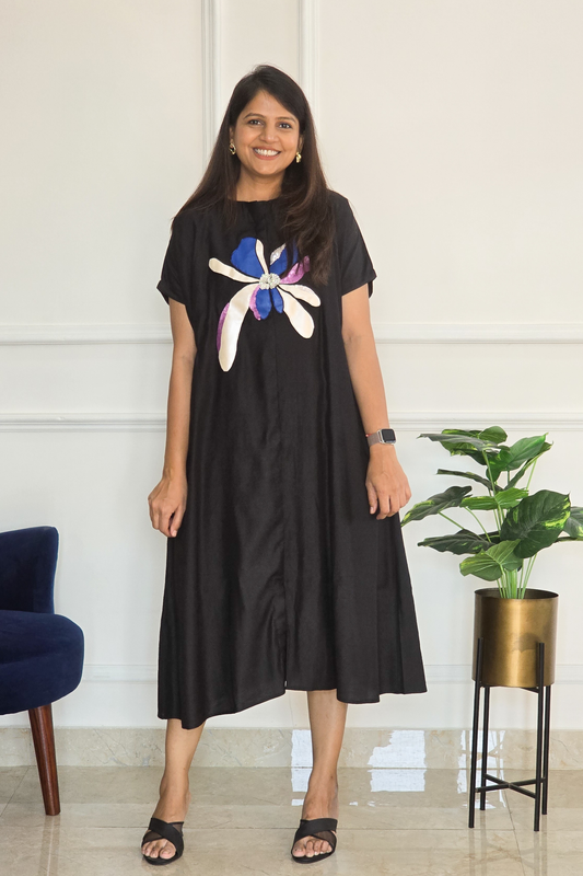 Black Leather Applique Floral Tunic