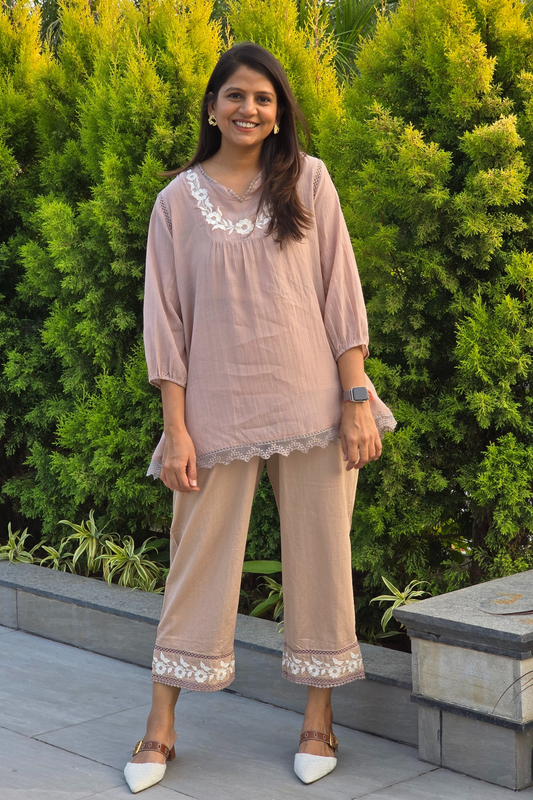 Bisque Flora Embriodery Co ord Set