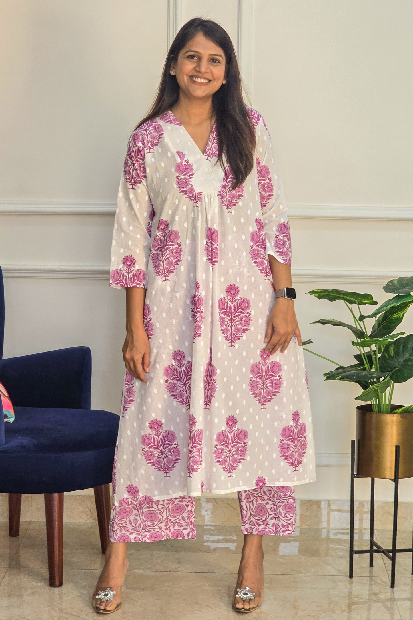 Pink and White Flare kurta Set