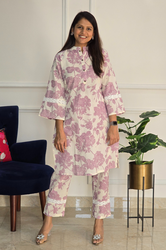 Lilac Floral Kurta and Pants Set
