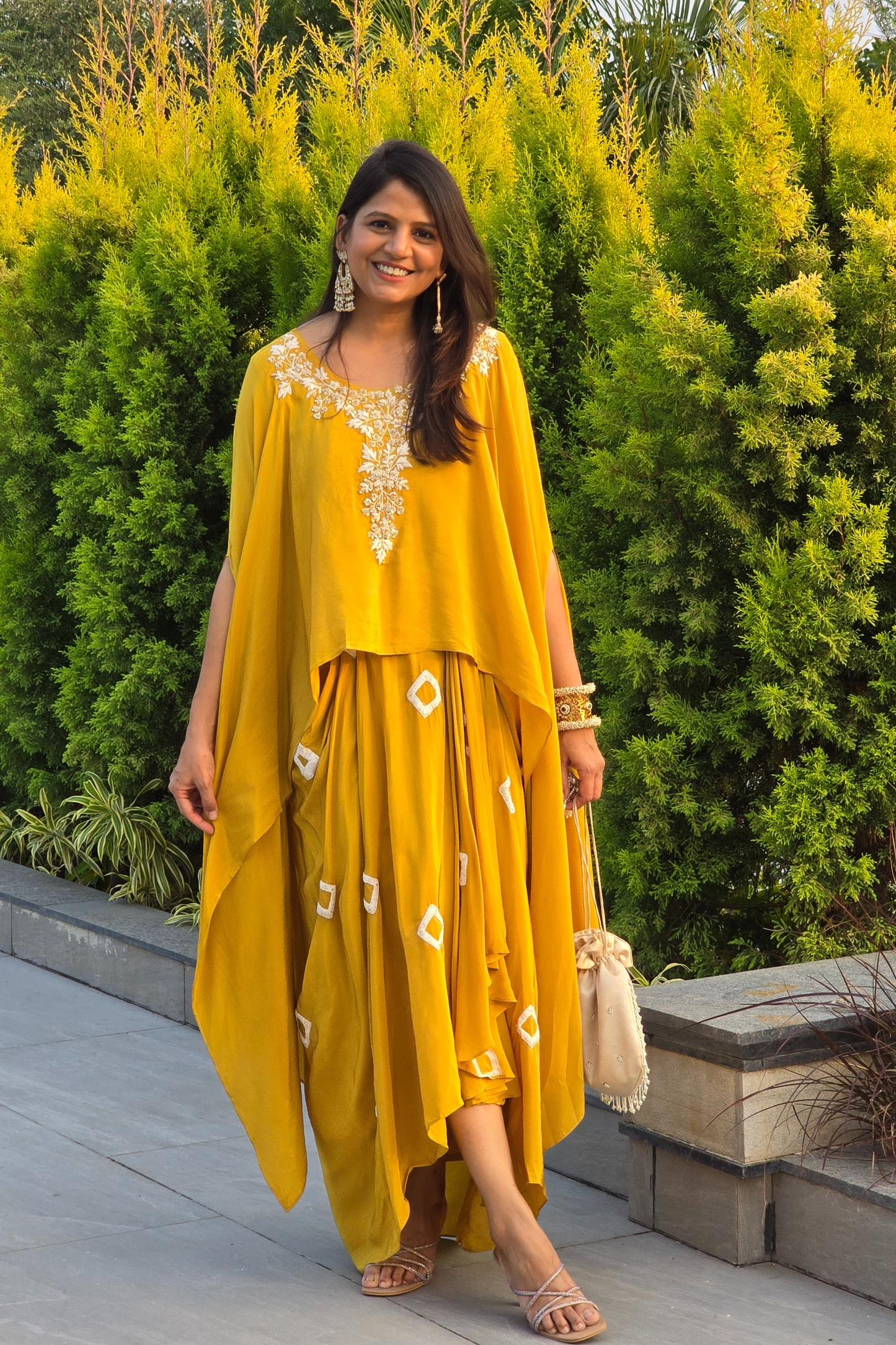 Yellow Fusion Cape Top and Skirt Set