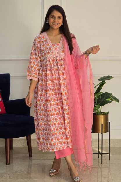 Pink And White Alia Cut Cotton Suit Set with Doriya Duppata