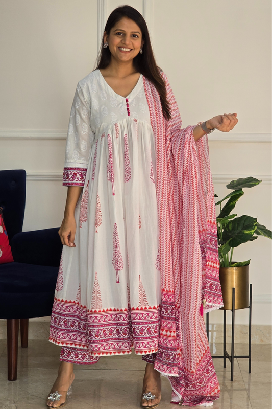 Pink And White Kurta Set