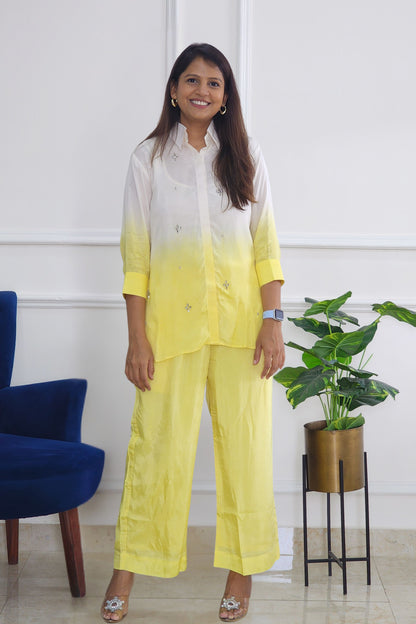 Yellow Ombre Shirt And Pants with Stone Details