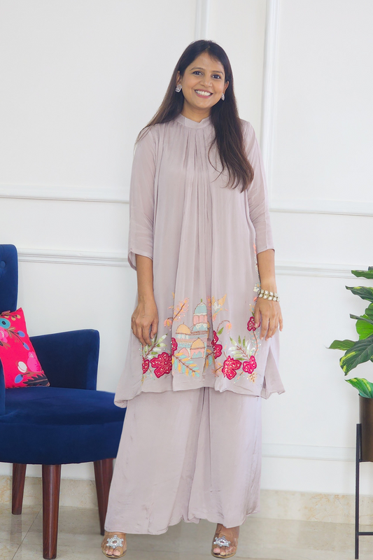 Grey Embroidered Chinnon Kurta Set