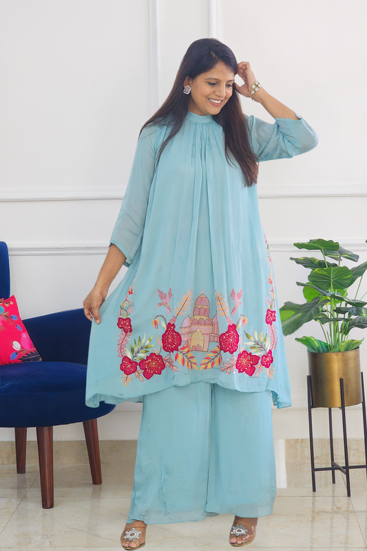 Aqua Embroidered Chinnon Kurta Set