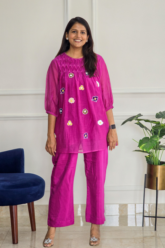 Magenta Mul Chanderi Co Ord Set with Applique And Smock Detailing