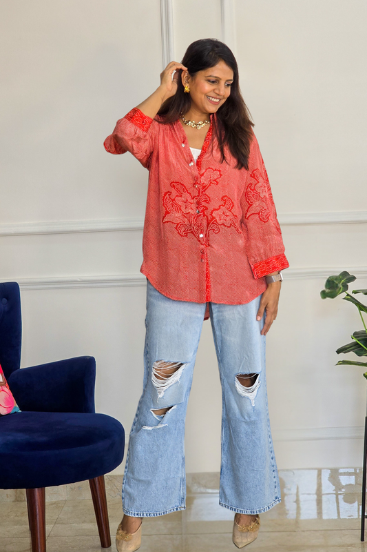 Orange Bandhej Crepe Shirt