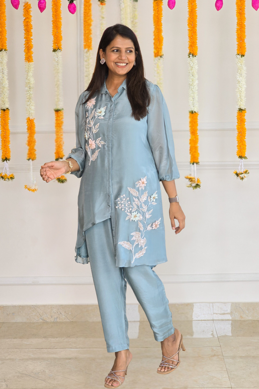 Blue 3D Flower Asymmetrical Co Ord Set