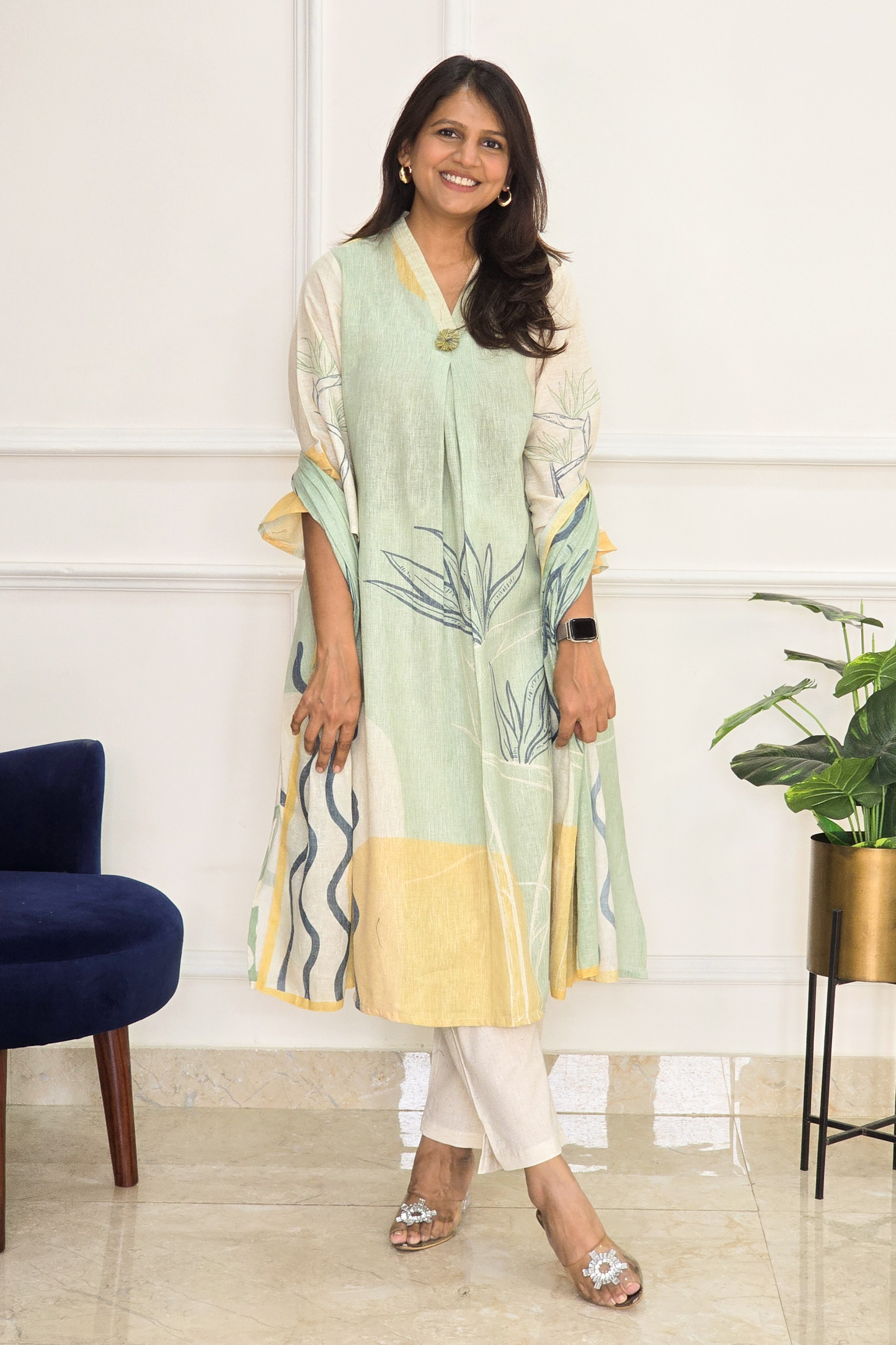 Green Linen Floral Suit Set