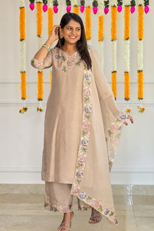 Golden Beige Applique Suit Set
