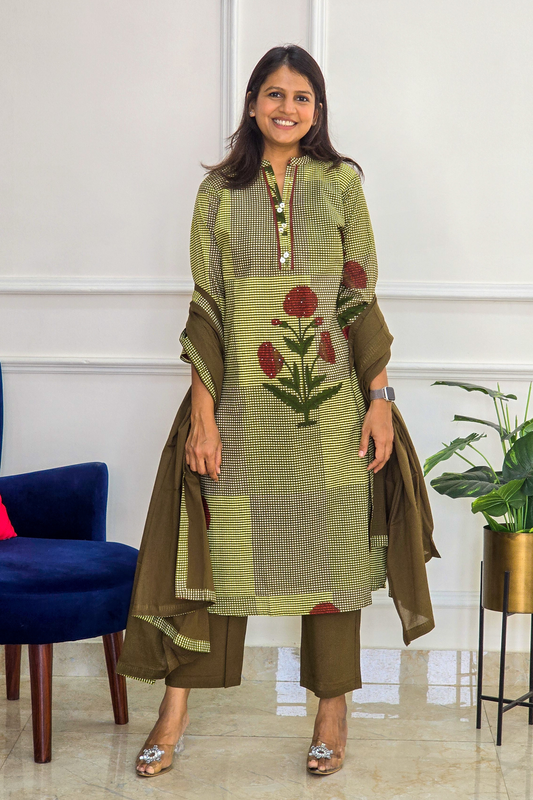 Brown Ghingam Kurta Set