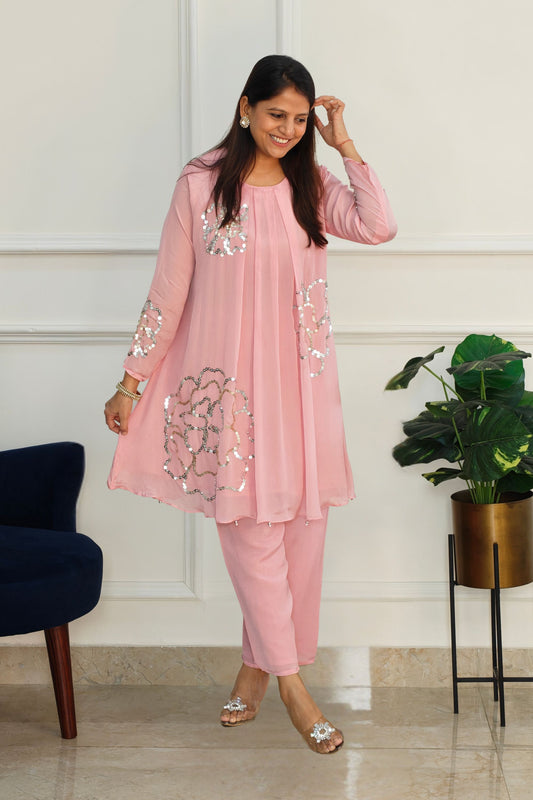 Sheen Tari Kurta and Pants Set (Pink)