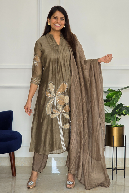 Taupe Kantha Mul Chanderi Set