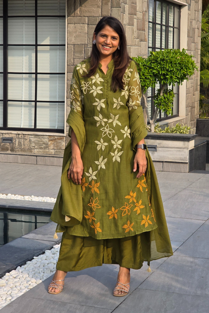 Kantha Olive Mul chanderi Suit