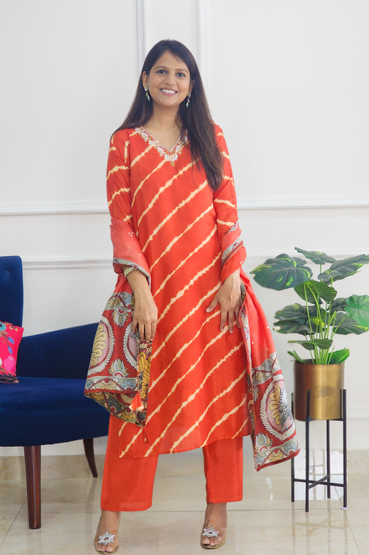 Orange Tie Dye with Kalamkari Dupatta