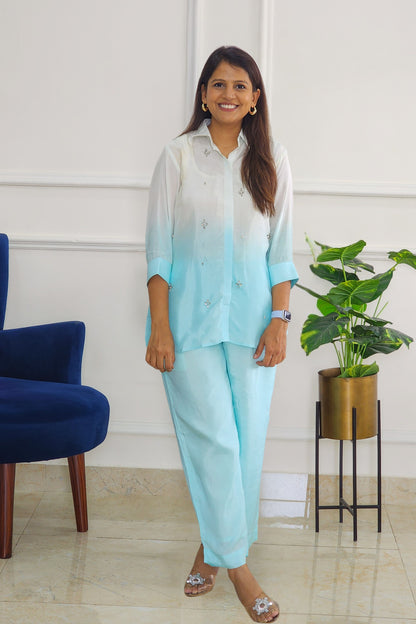 Blue Ombre Shirt And Pants with Stone Details