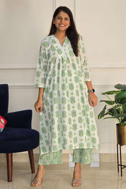 Green Block Kurta Set