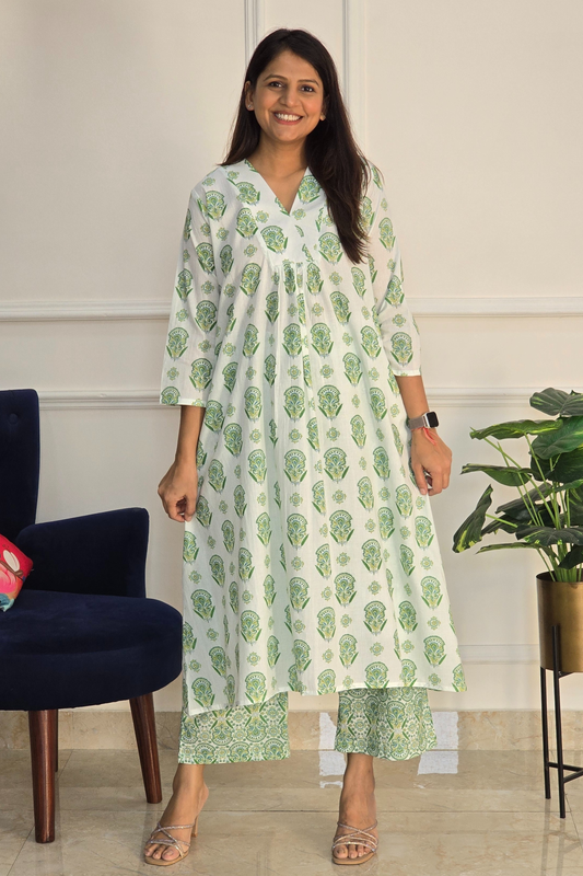 Green Block Kurta Set