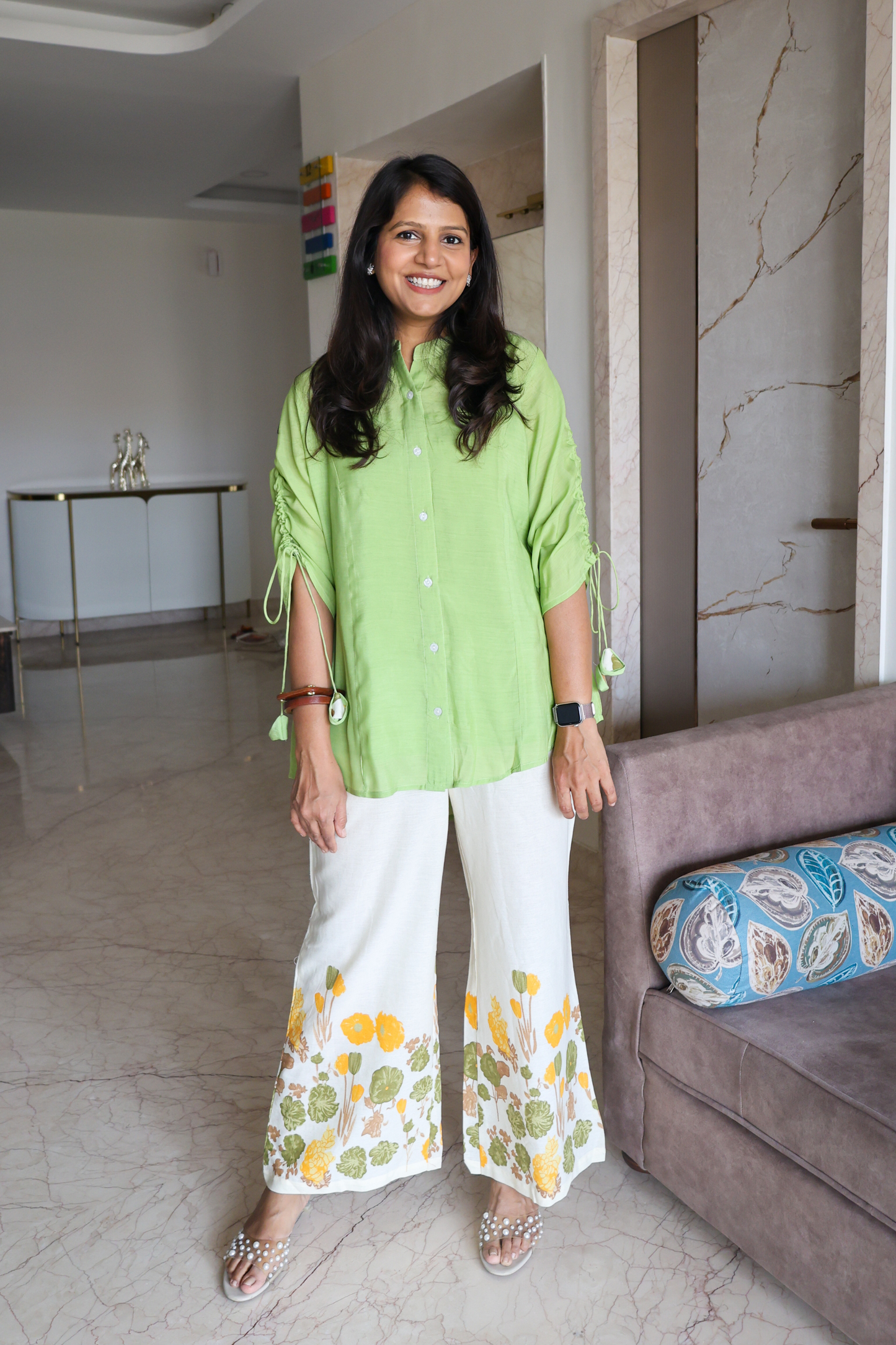 Green Solid Top With Printed Pants