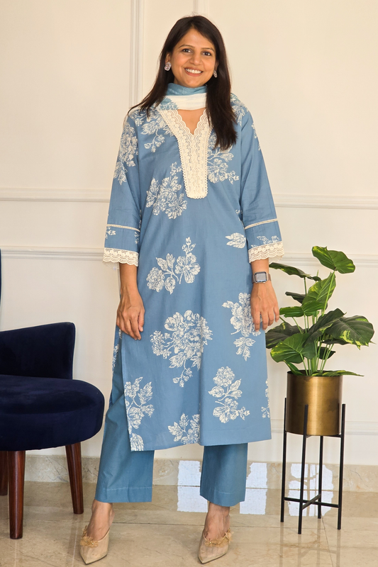 Blue Floral Lace Kurta Set