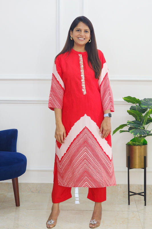 Tie Dye Kurta and Pants Set - Red