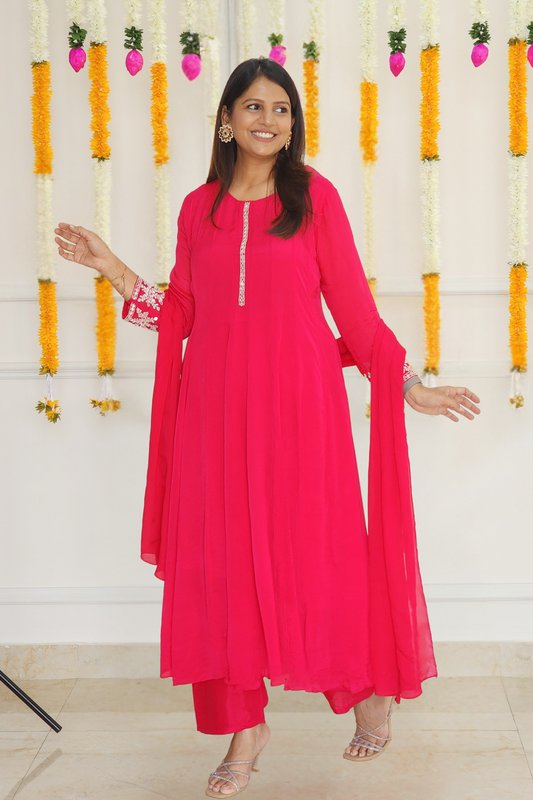Rani Pink Chinnon Anarkali Set