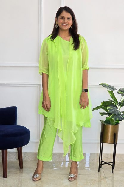 Neon Green Organza Jacket with One Shoulder Top and Pants - View 2 - PinkTree by Shrutika