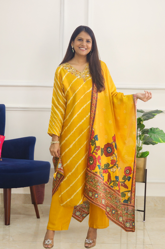 Yellow Tie Dye with Kalamkari Dupatta