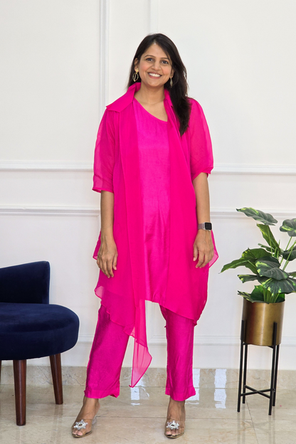 Fuchsia Organza Jacket with One Shoulder Top and Pants - PinkTree by Shrutika