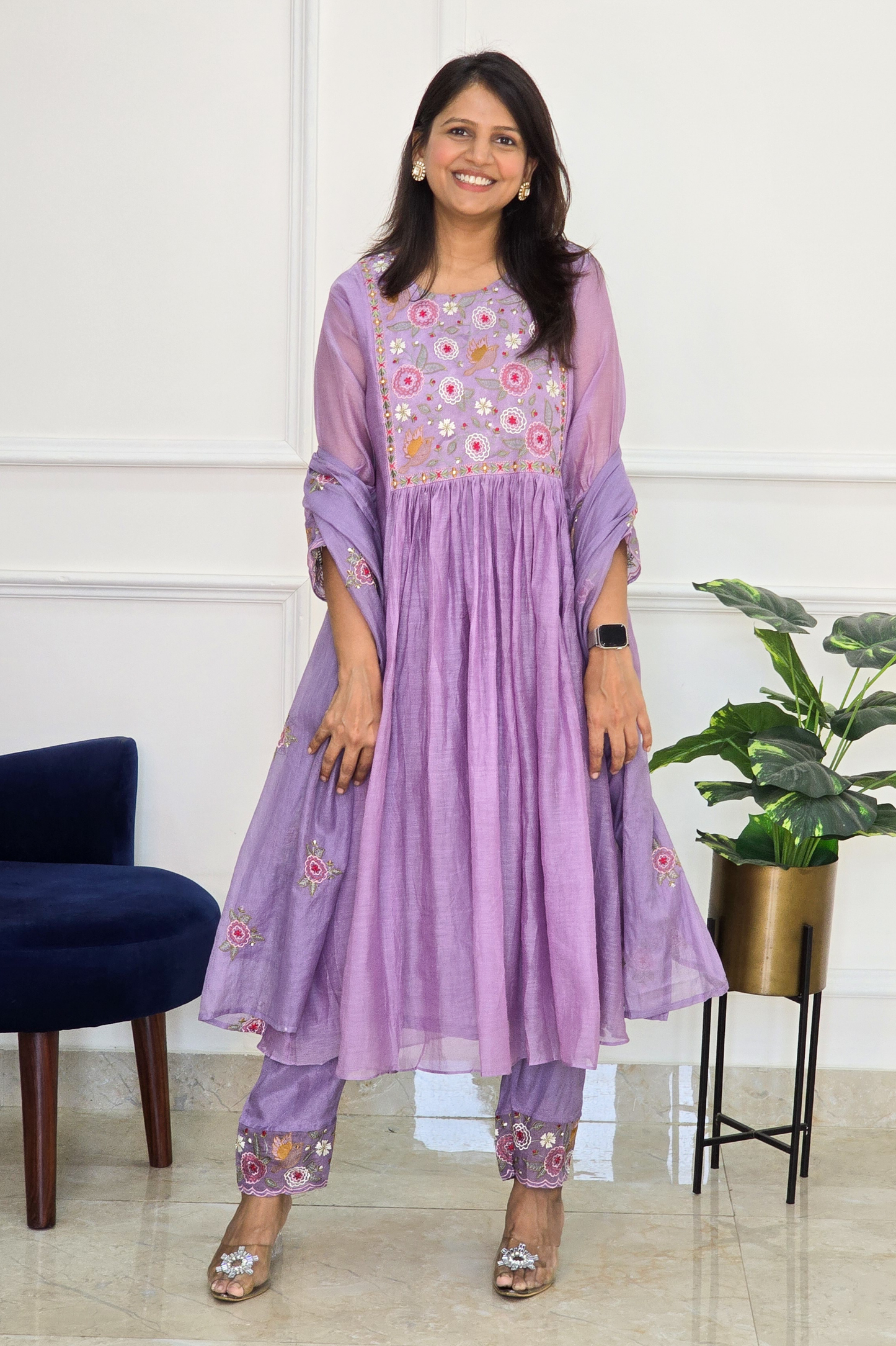 Lilac Mul Chanderi Embrioderd Suit