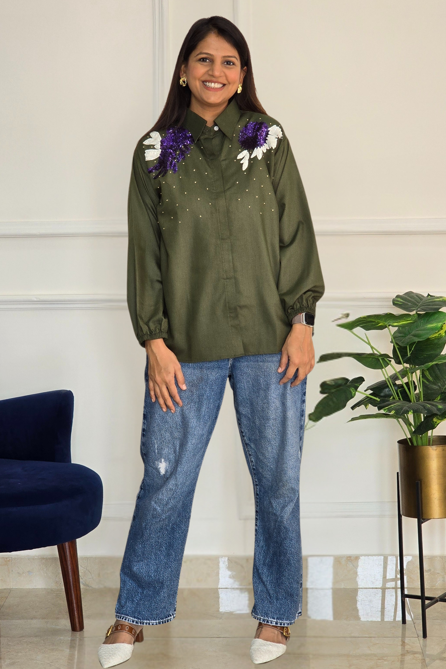 Green Shoulder Embellished Shirt