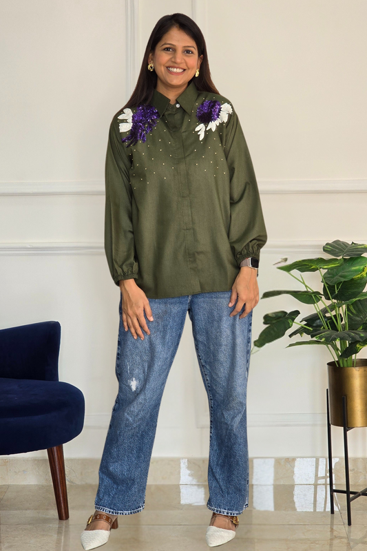 Green Shoulder Embellished Shirt
