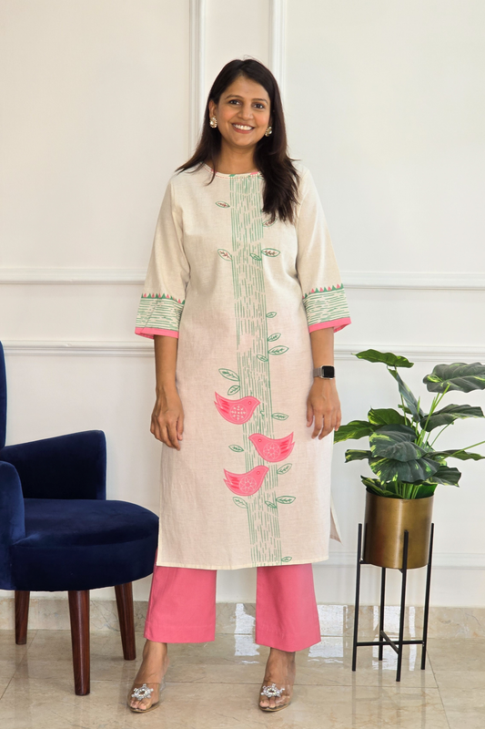 Peach Handloom Kurta Set