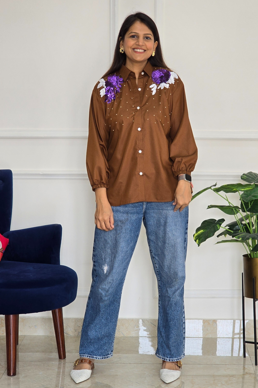 Brown Shoulder Embellished Shirt
