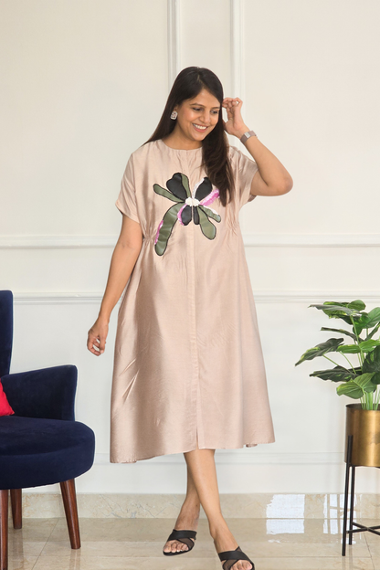 Beige Leather Applique Floral Tunic