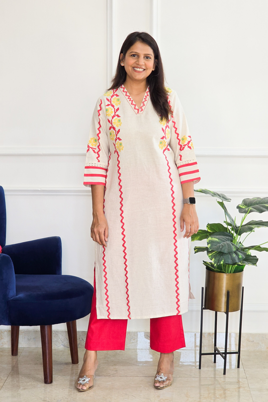 Red Handloom Kurta Set