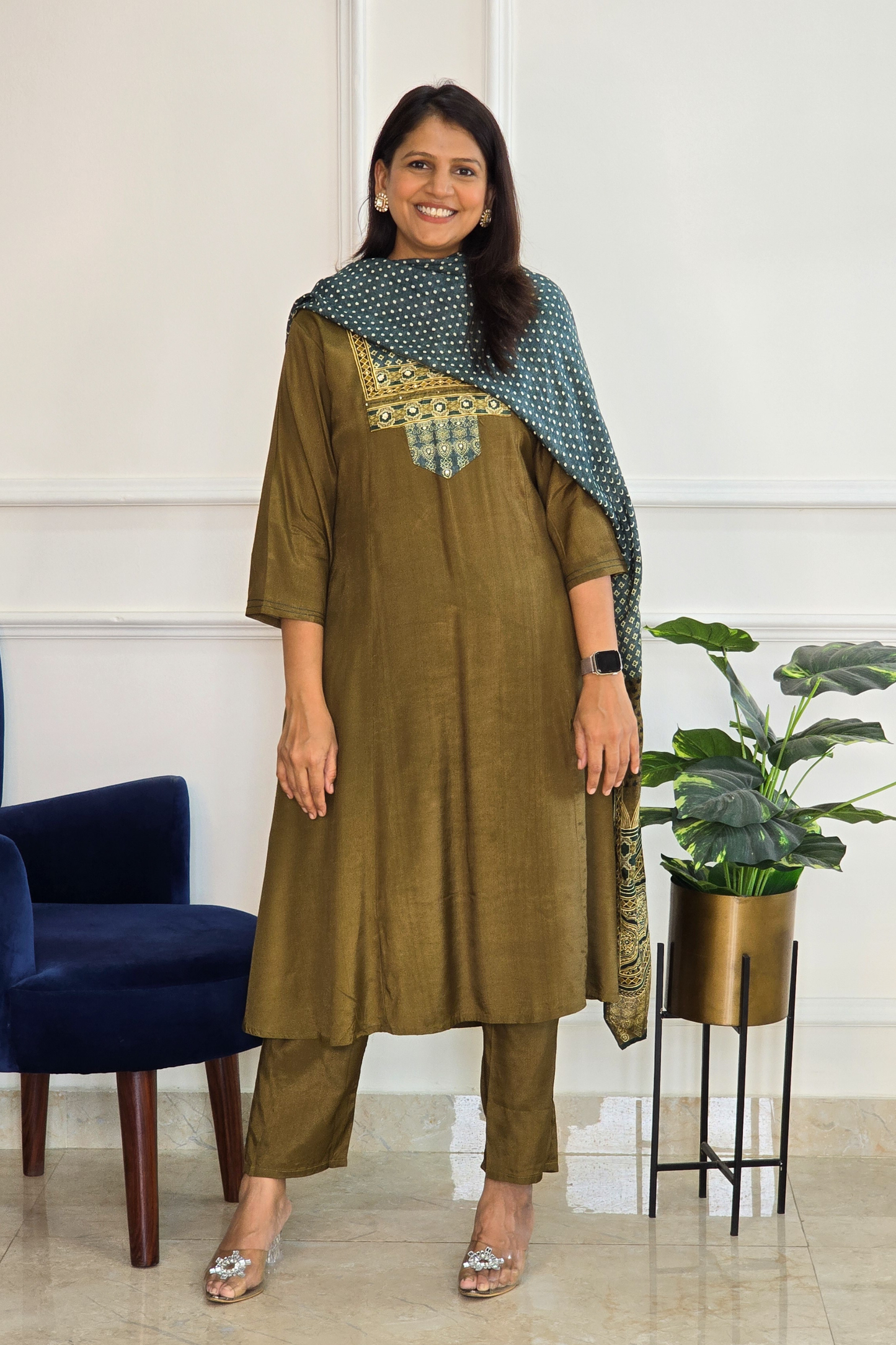 Green Muslin Ajrakh Applique Suit Set