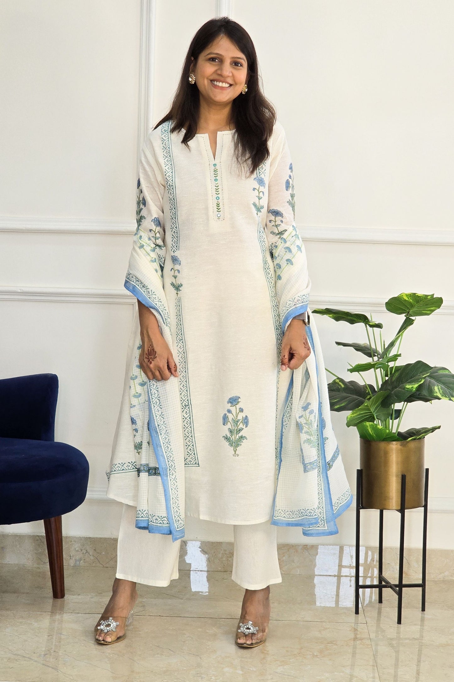 Blue Linen Block Suit Set