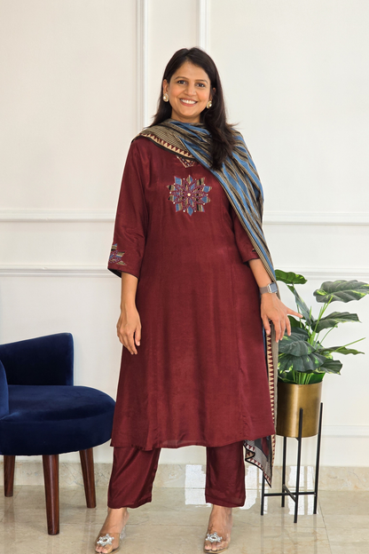 Maroon Muslin Ajrakh Applique Suit Set