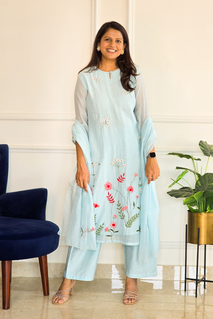 Blue Mul Embroidered Suit Set